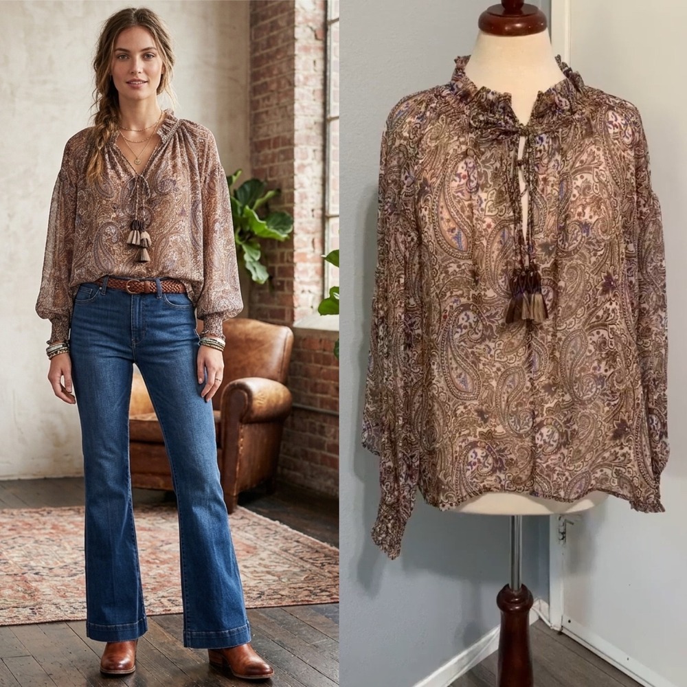 Zara Womens Blouse Size M Brown‎ Paisley Tassel Tie Neck Sheer Boho Romantic NEW
